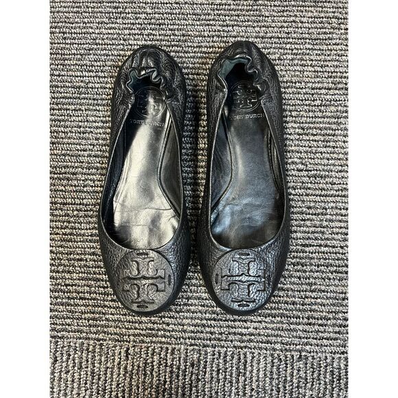 Tory Burch Black Leather Ballet Flats with Logo Classic Comfort Shoes - Picture 1 of 6